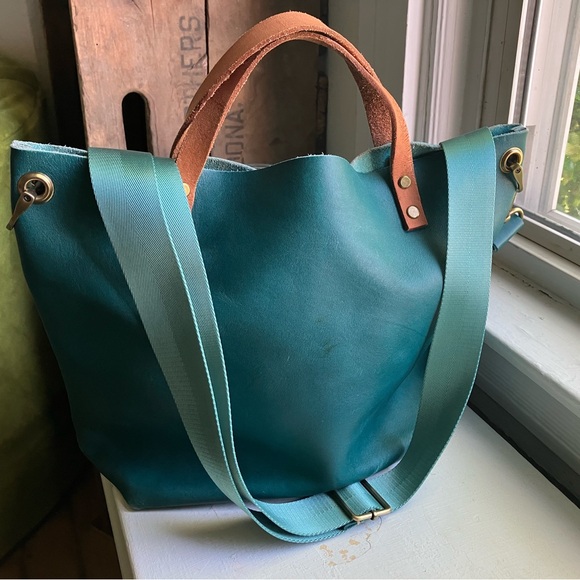 🌊CARIBBEAN Portland Leather Goods Medium Classic tote MODIFIED to crossbody - Picture 3 of 16